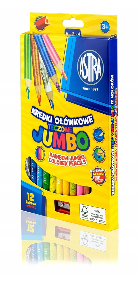 Astra Vaivorykštiniai trikampiai spalvoti pieštukai Jumbo, 12 spalvų rinkinys