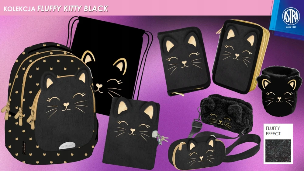 Astrabag Fluffy Kitty Juodas - mokyklinis dėklas su pilnu komplektu