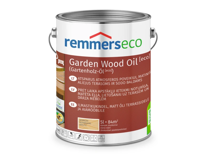 Atmosferos poveikiui atsparus matinis aliejus Remmers Garden Wood Oil [eco] bespalvis 5 l