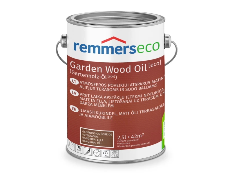 Atmosferos poveikiui atsparus matinis aliejus Remmers Garden Wood Oil [eco] glotniosios šorėjos intensyvus 2,5 l
