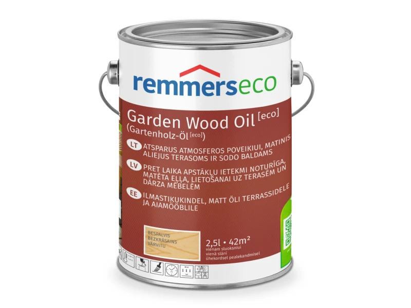 Atmosferos poveikiui atsparus matinis aliejus Remmers Garden Wood Oil [eco] bespalvis 2,5 l