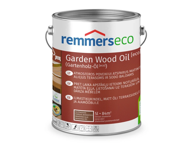 Atmosferos poveikiui atsparus matinis aliejus Remmers Garden Wood Oil [eco] glotniosios šorėjos intensyvus 5 l