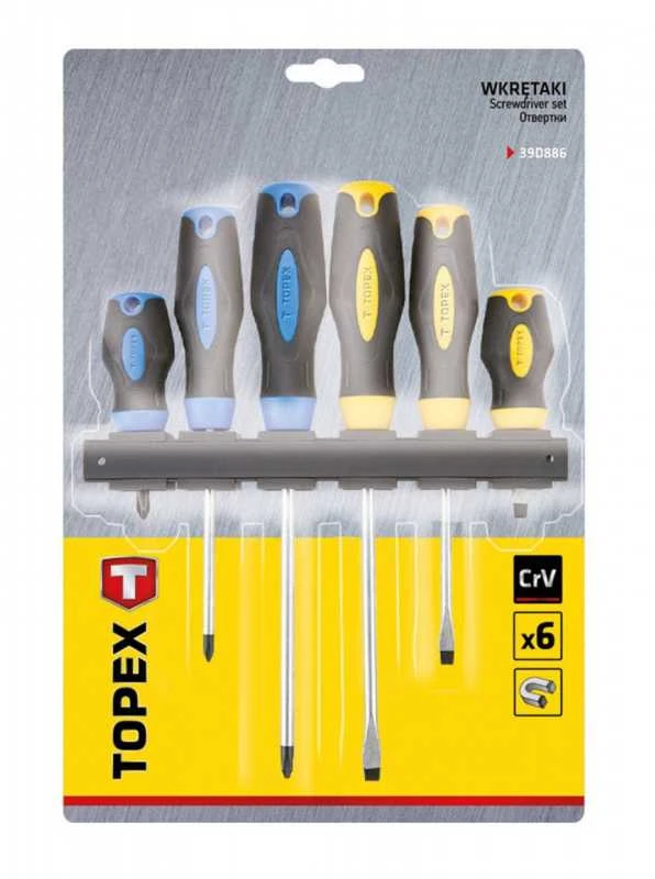 Atsuktuvų komplektas TOPEX 6 vnt. + laikiklis (5x38mm, 5x100mm, 6.5x150mm, PH1x100mm, PH2x38mm, PH2x150mm)