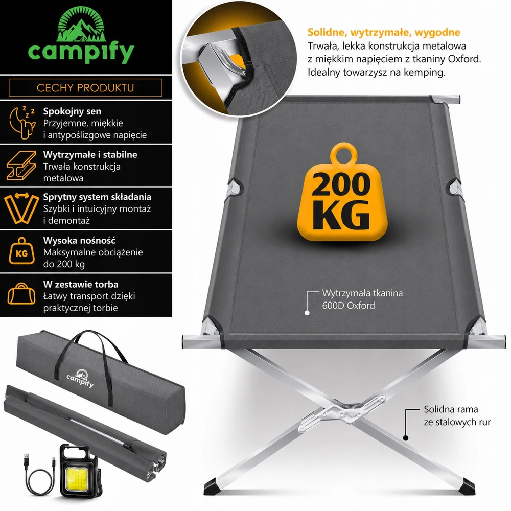 Aukščiausios kokybės sulankstoma stovyklavietė kanadietiška didelė, tvirta 200 kg XXL Campify 210cm