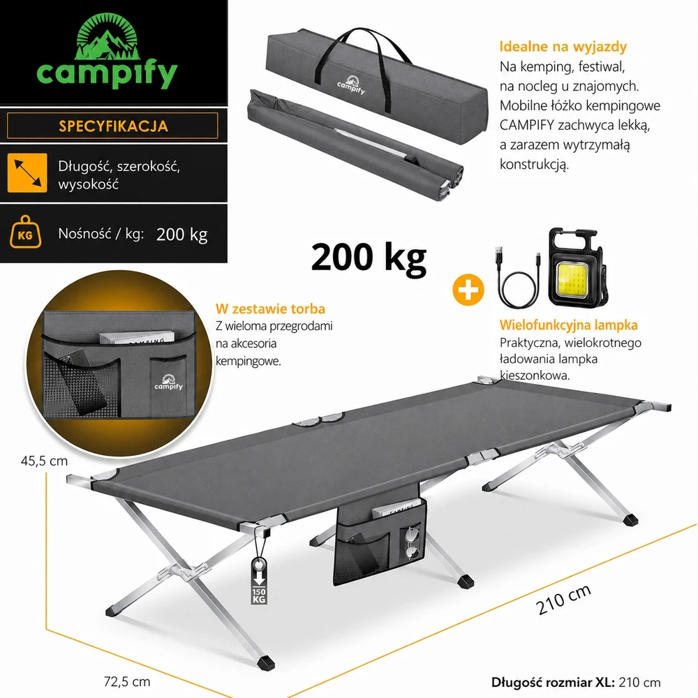 Aukščiausios kokybės sulankstoma stovyklavietė kanadietiška didelė, tvirta 200 kg XXL Campify 210cm
