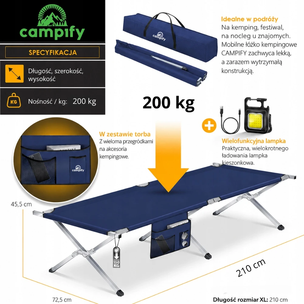 Aukščiausios kokybės sulankstoma stovyklavietė kanadietiška didelė, tvirta 200 kg XXL Campify 210cm