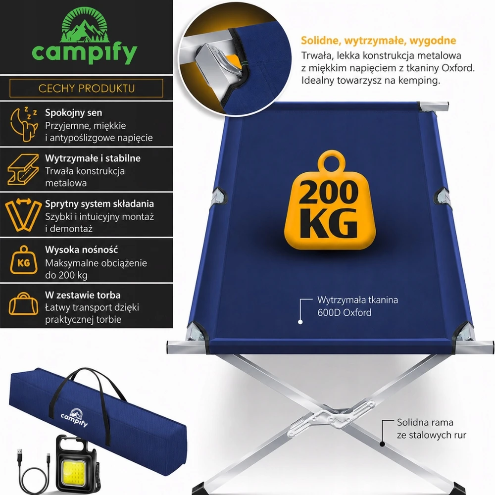 Aukščiausios kokybės sulankstoma stovyklavietė kanadietiška didelė, tvirta 200 kg XXL Campify 210cm