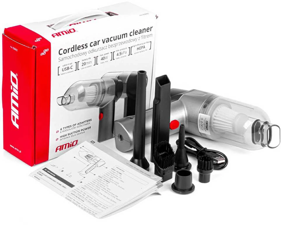 Belaidis automobilinis dulkių siurblys 40 W, 4000 mAh, su HEPA filtru, 4,5 kPa AMiO-03692