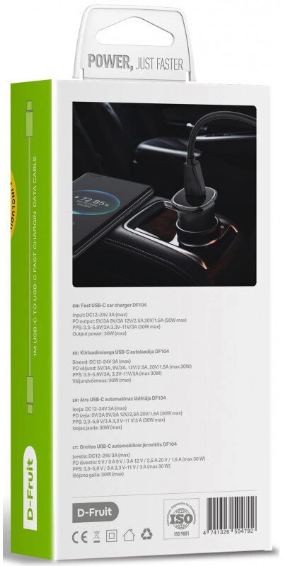 Automobilinis įkroviklis D-FRUIT DF104, USB-C + USB-C, 30 W, juodos sp.