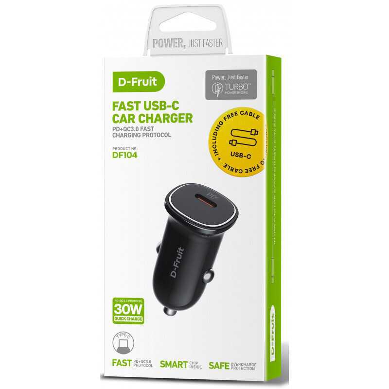 Automobilinis įkroviklis D-FRUIT DF104, USB-C + USB-C, 30 W, juodos sp.