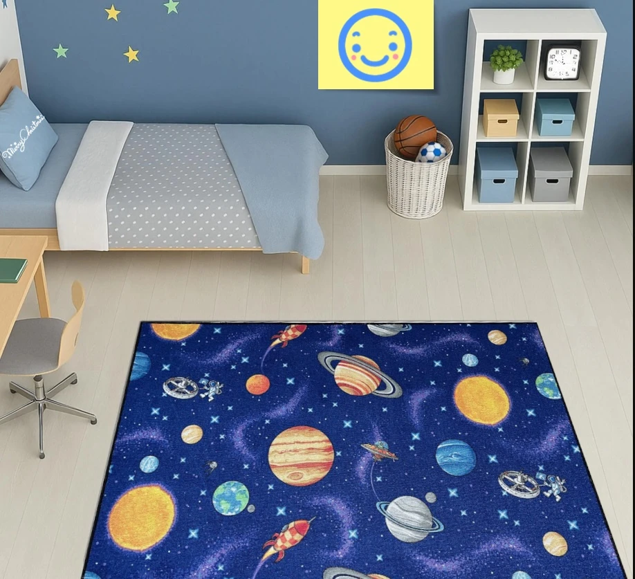 AW DYWAN Dziecięcy Mėlyna Kosmos Planety Gwiazdy Rakiety 140x185