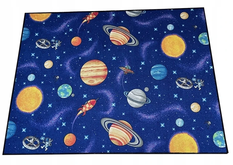 AW DYWAN Dziecięcy Mėlyna Kosmos Planety Gwiazdy Rakiety 140x185