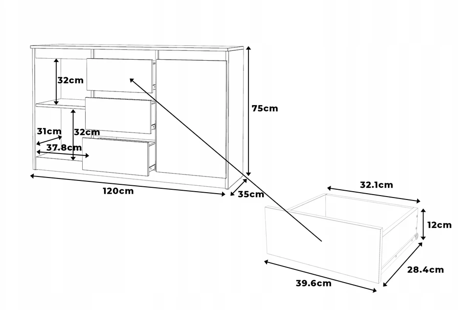 AZ team Komoda 120 cm Aga Wotan Matinė balta su stalčiais, moderni miegamajam