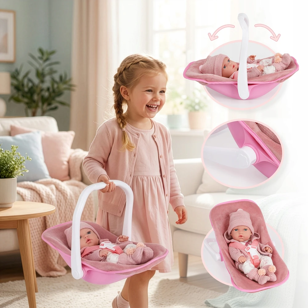 BABY Doll 30 cm NEŠĖLIŲ SĖDYNĖS KINDERPLAY ROŽINIŲ DRABUŽIŲ RINKINYS
