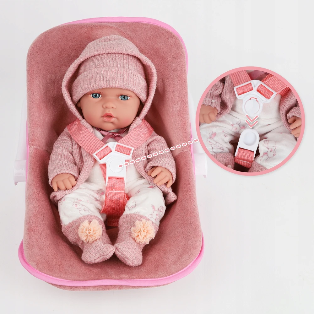BABY Doll 30 cm NEŠĖLIŲ SĖDYNĖS KINDERPLAY ROŽINIŲ DRABUŽIŲ RINKINYS