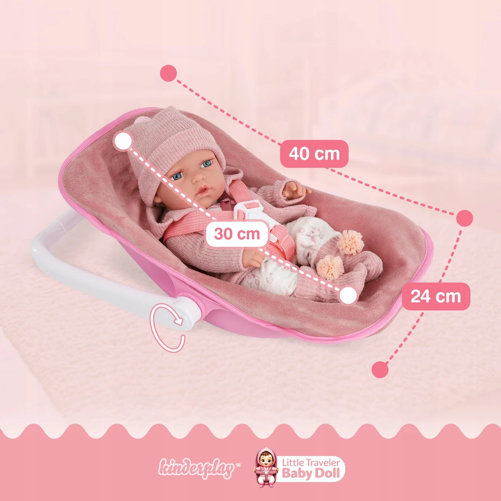 BABY Doll 30 cm NEŠĖLIŲ SĖDYNĖS KINDERPLAY ROŽINIŲ DRABUŽIŲ RINKINYS