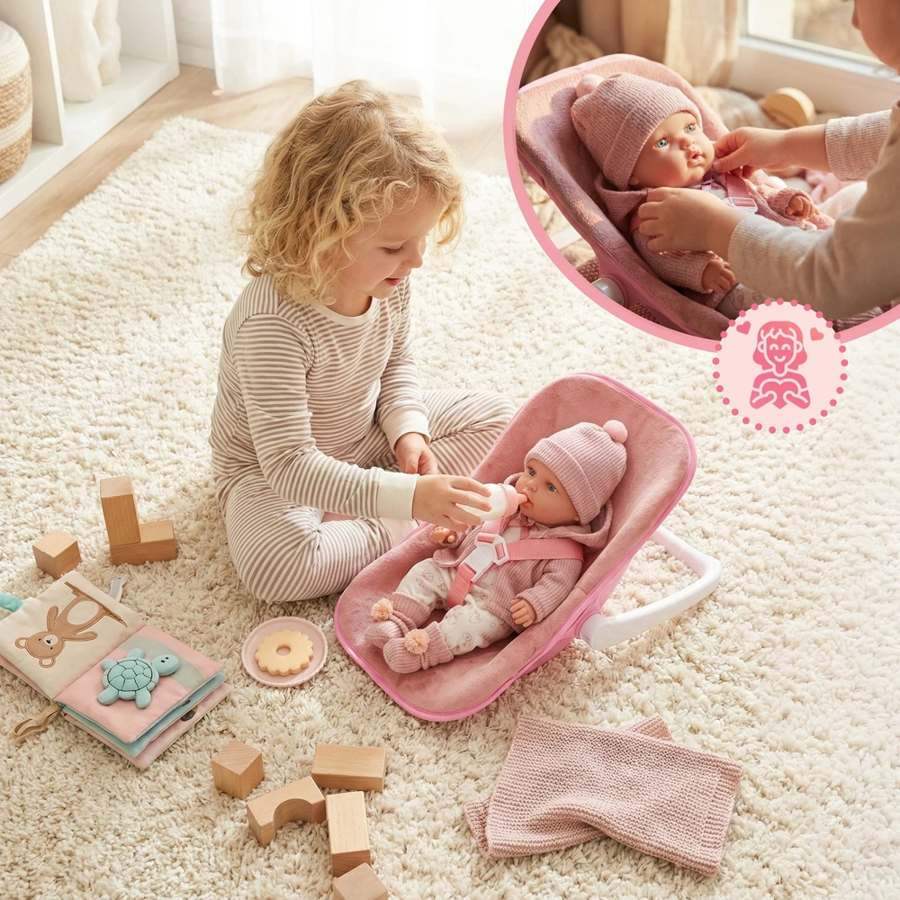 BABY Doll 30 cm NEŠĖLIŲ SĖDYNĖS KINDERPLAY ROŽINIŲ DRABUŽIŲ RINKINYS