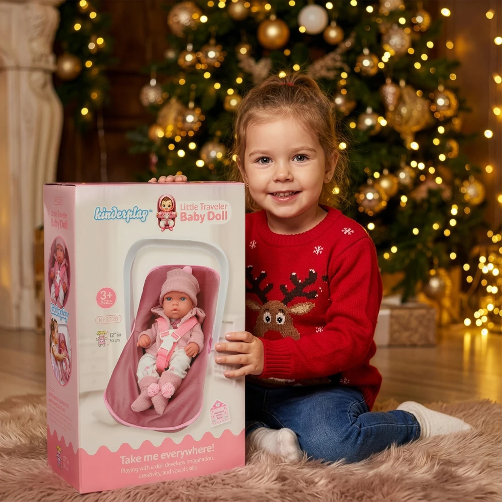 BABY Doll 30 cm NEŠĖLIŲ SĖDYNĖS KINDERPLAY ROŽINIŲ DRABUŽIŲ RINKINYS