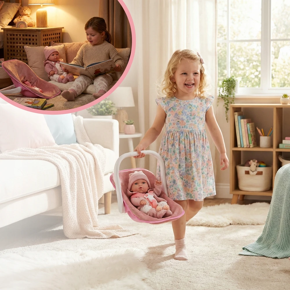 BABY Doll 30 cm NEŠĖLIŲ SĖDYNĖS KINDERPLAY ROŽINIŲ DRABUŽIŲ RINKINYS