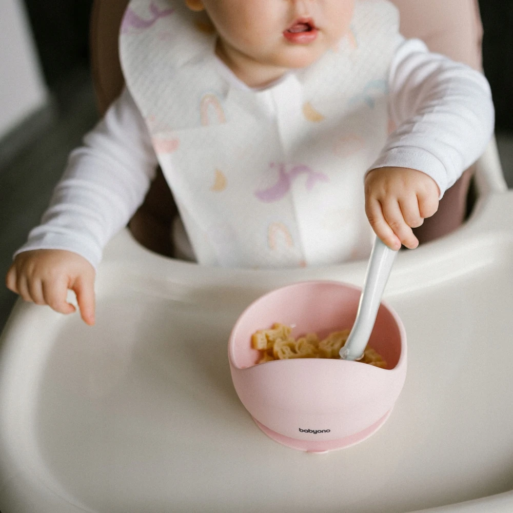 Baby Ono Vaikiškų indų rinkinys, dubuo ir lėkštė su siurbtuku, rožinis šaukštelis