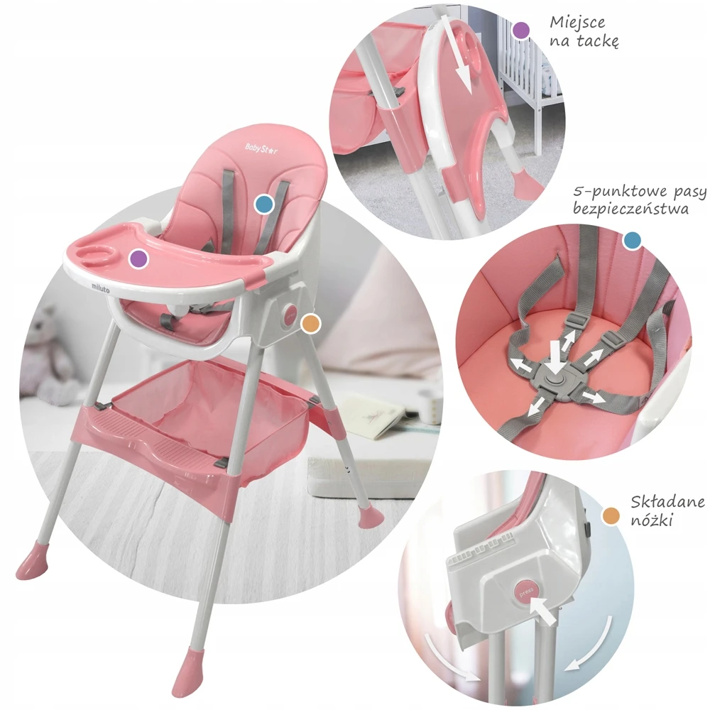 BabyStar VAIKŲ MAITINIMO KĖDĖ, sulankstoma, STALAS, DĖKLĖ, 3 viename PRIEDAI MILUTO