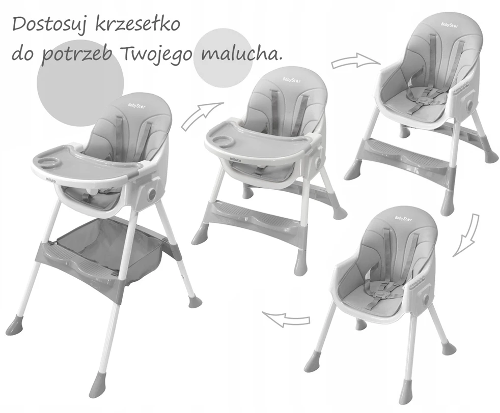 BabyStar VAIKŲ MAITINIMO KĖDĖ, sulankstoma, STALAS, DĖKLĖ, 3 viename PRIEDAI MILUTO