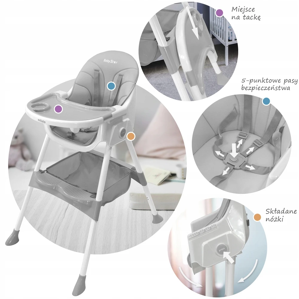 BabyStar VAIKŲ MAITINIMO KĖDĖ, sulankstoma, STALAS, DĖKLĖ, 3 viename PRIEDAI MILUTO