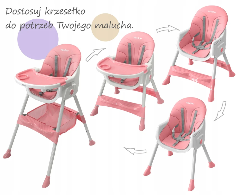 BabyStar VAIKŲ MAITINIMO KĖDĖ, sulankstoma, STALAS, DĖKLĖ, 3 viename PRIEDAI MILUTO