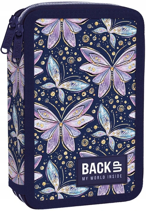 Derform Back Up DOUBLE BACKUP SCHOOL pieštuko dėklas, 2 skyriai su priedais DW04 FAIRY BUTTERFLIES