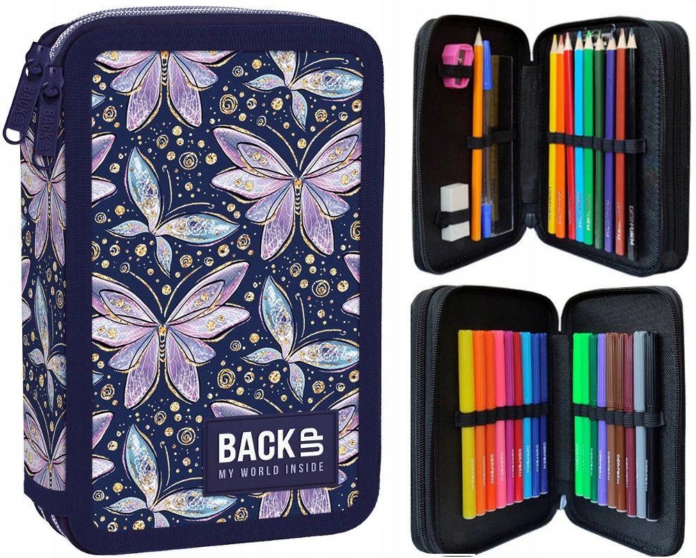 Derform Back Up DOUBLE BACKUP SCHOOL pieštuko dėklas, 2 skyriai su priedais DW04 FAIRY BUTTERFLIES