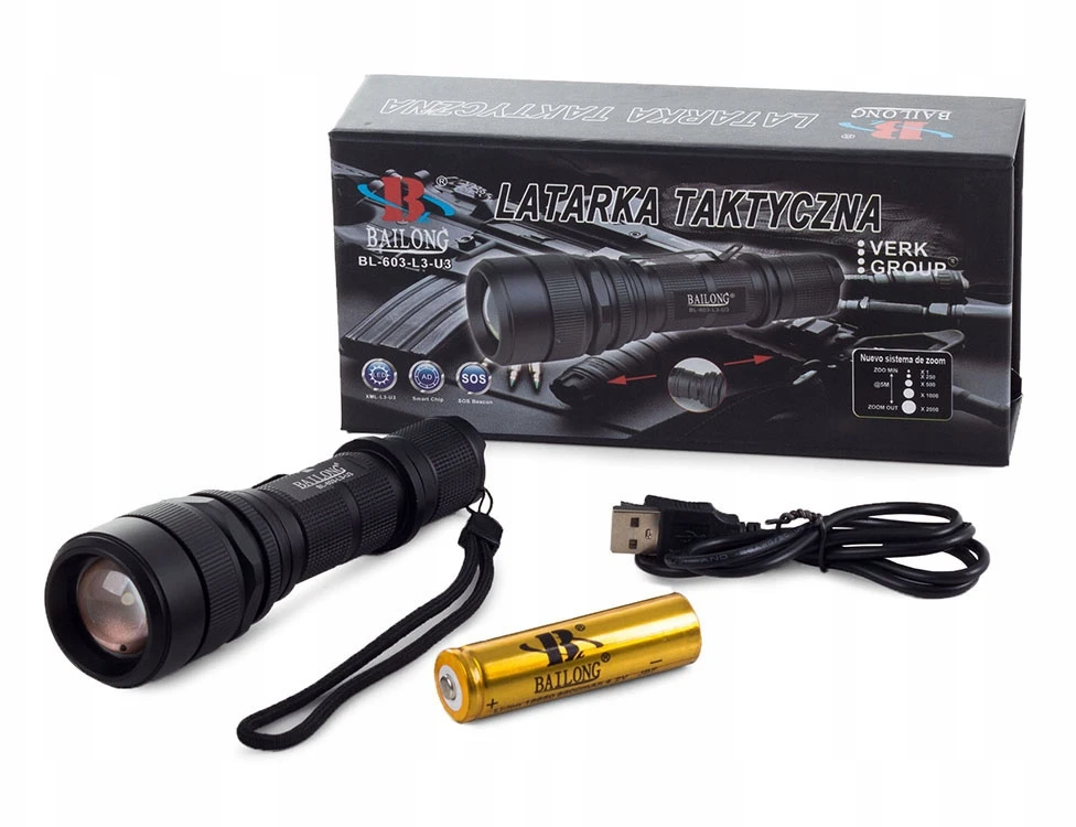 Žibintuvėlis Bailong 603 LED su CREE XM-L T6 dioda ir USB krovimu