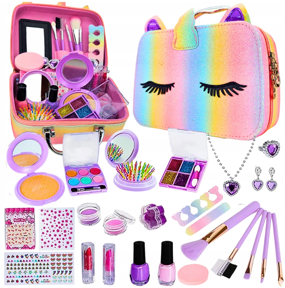 Bajkowy Kuferek MAKIAŽAS IR NAGŲ KOSMETIKOS RINKINYS RAINBOW MAKE UP NAGŲ LAKAS