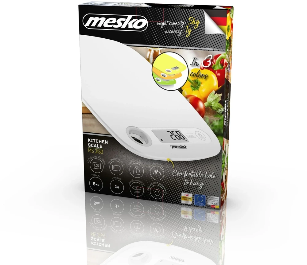 Mesko | Virtuvinės svarstyklės | MS 3159w | Maximum weight (capacity) 5kg | Graduation 1 g | Ekranas type LCD | Baltas