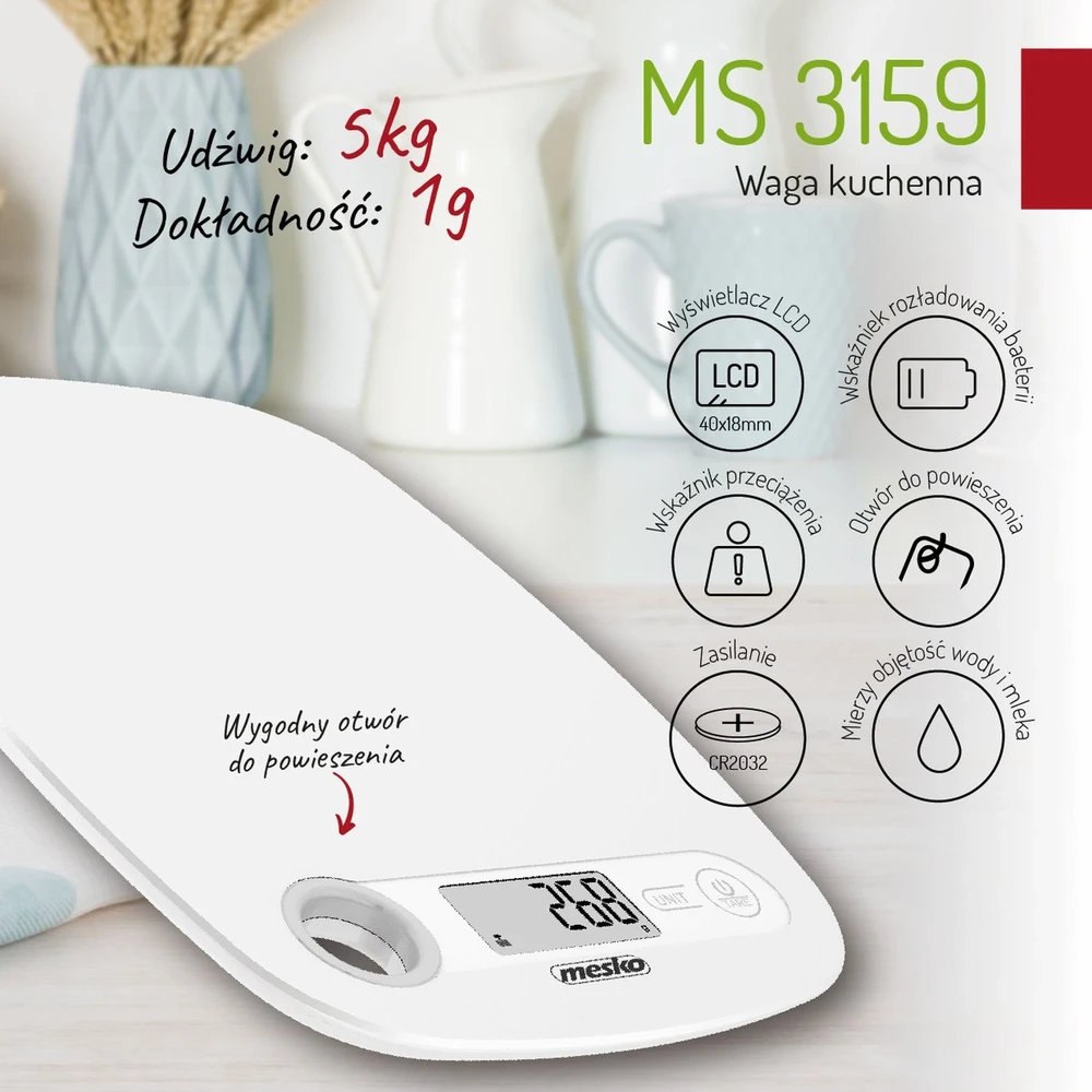 Mesko | Virtuvinės svarstyklės | MS 3159w | Maximum weight (capacity) 5kg | Graduation 1 g | Ekranas type LCD | Baltas