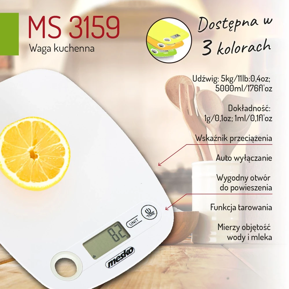 Mesko | Virtuvinės svarstyklės | MS 3159w | Maximum weight (capacity) 5kg | Graduation 1 g | Ekranas type LCD | Baltas