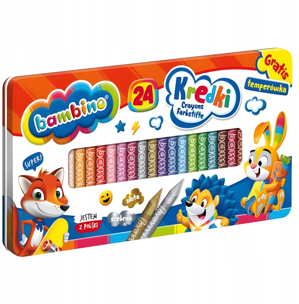 BAMBINO kreidelės metalinėje dėžutėje 24 temperos spalvos.