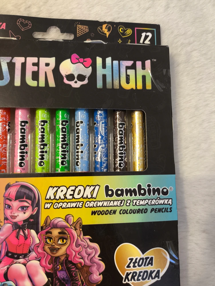 Bambino Monster High spalvos kreidelės, 12 vnt., su drožtuku