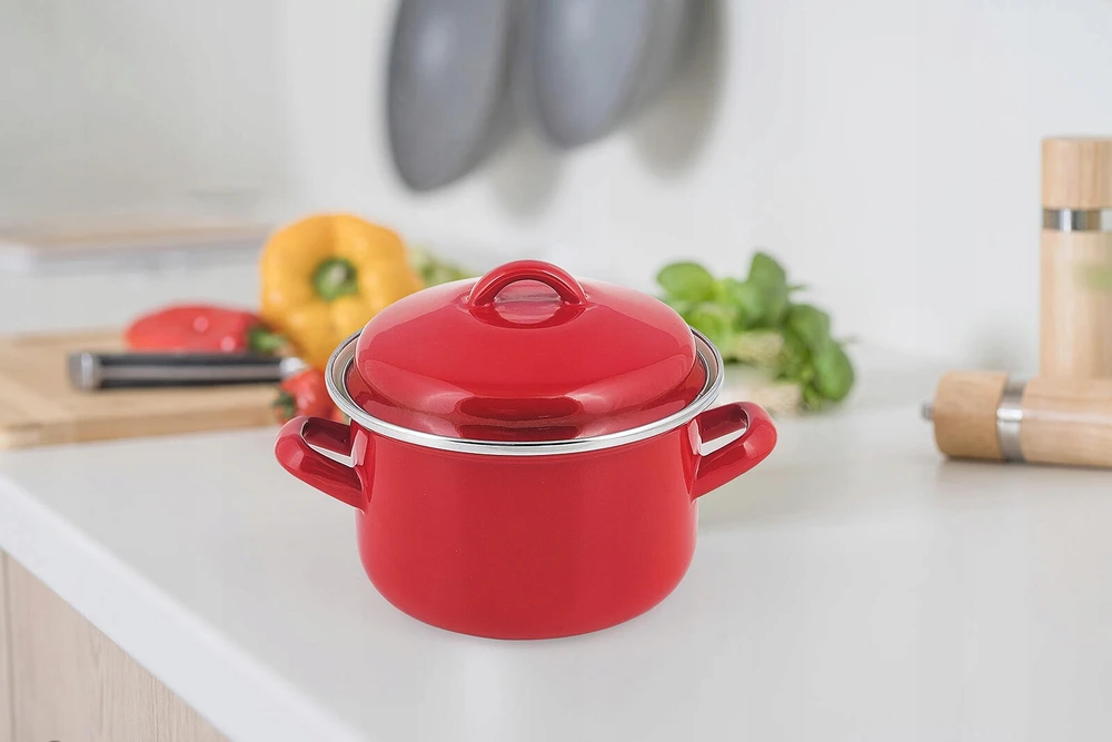 Banquet MAŽAS raudonas emaliuotas PUODAS SU DANGIU Banketas 2L 16cm 6777