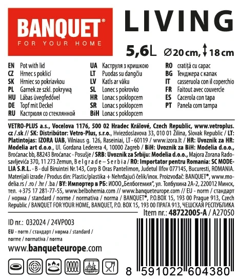 Banquet PLIENINIS PUODAS 20cm SU DANGIU BANKETAS GYVENIMAS 5,6L
