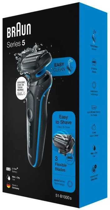 Braun | Shaver | 51-B1000s | Operating time (max) 50 min | Wet & Dry | Juodas/Mėlyna