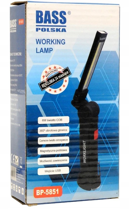 Bass Belaidė LED COB dirbtuvių lempa, 900 lm, su žibintuvėliu, maža