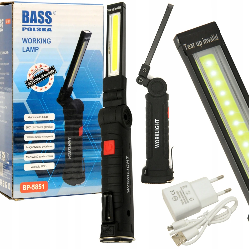 Bass Belaidė LED COB dirbtuvių lempa, 900 lm, su žibintuvėliu, maža