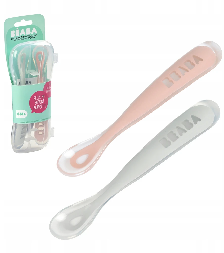 BEABA PRADINIO MAITINIMO SILIKONINIŲ 2 VNT.ŠAUKŠTELIŲ RINKINYS SU DĖŽUTE, COTTON CANDY/SORBET DUO