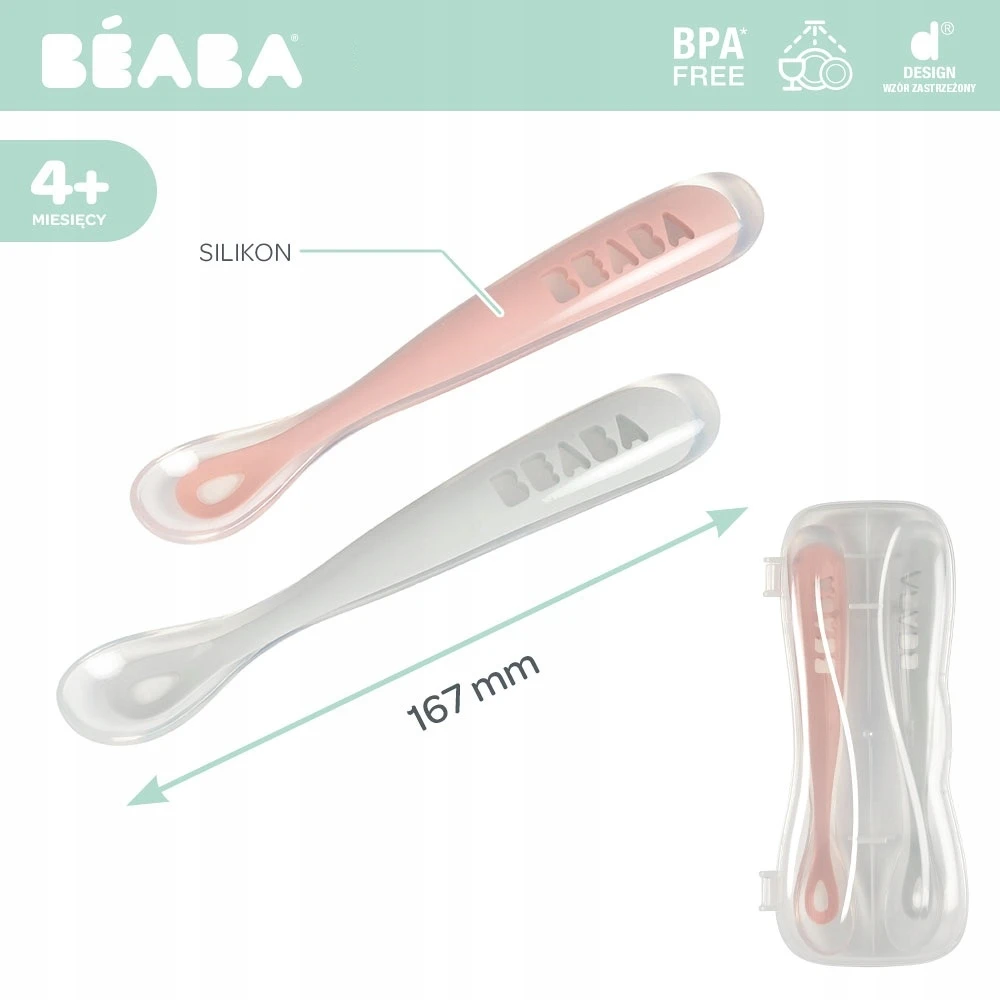 BEABA PRADINIO MAITINIMO SILIKONINIŲ 2 VNT.ŠAUKŠTELIŲ RINKINYS SU DĖŽUTE, COTTON CANDY/SORBET DUO