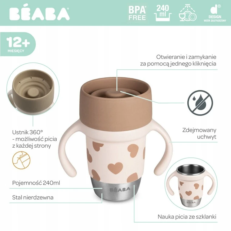 Beaba Puodelis treningowy ze stali nierdzewnej 360° BigLove