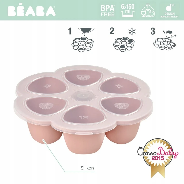 BEABA SILIKONINIS KŪDIKIO MAISTO KONTEINERIS MULTIPORTIONS, XL (6x150 ML), Rožinis