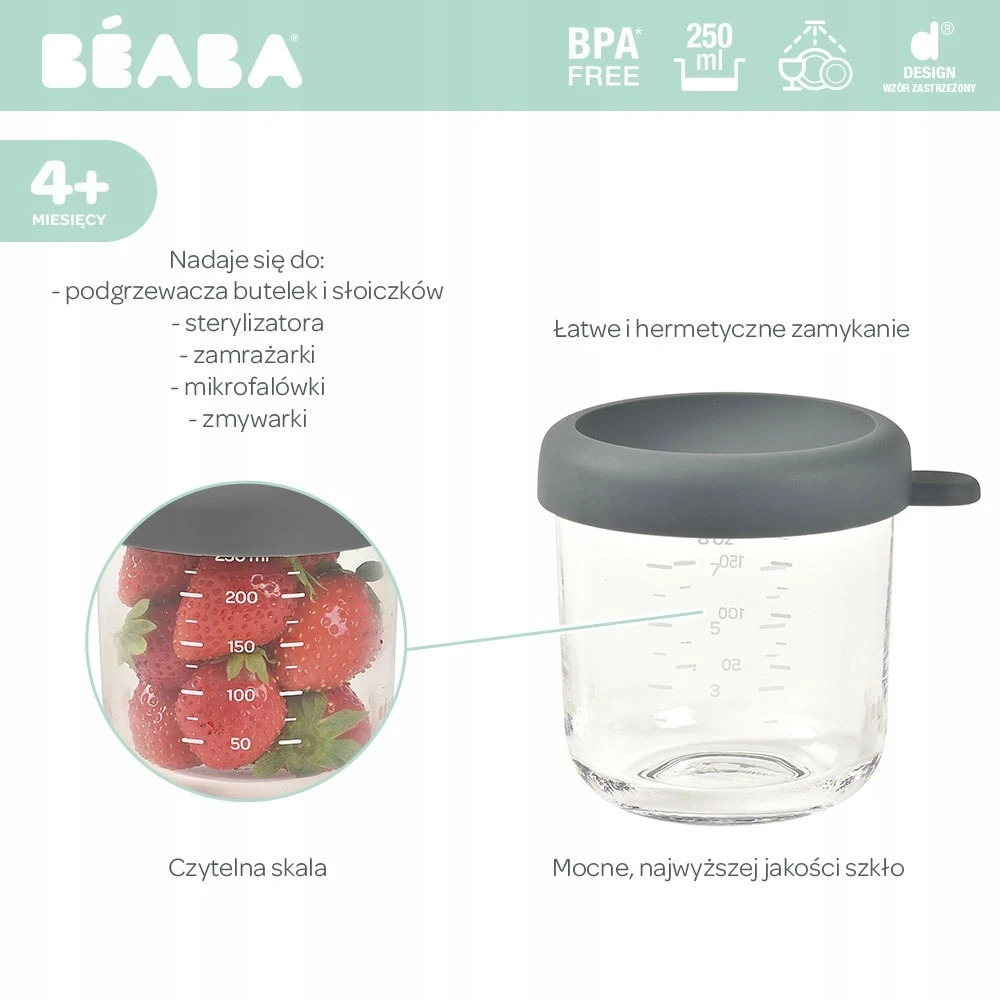 BEABA STIKLINIS MAISTO INDELIS SU DANGTELIU, MINERAL Pilkas, 250 ML