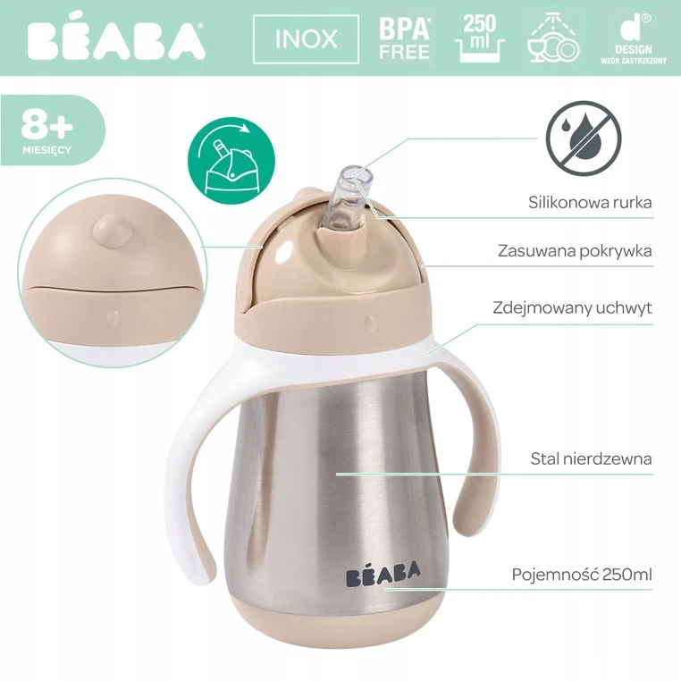 BEABA METALINĖ GERTUVĖ SU ŠIAUDELIU, 250 ML, CLAY