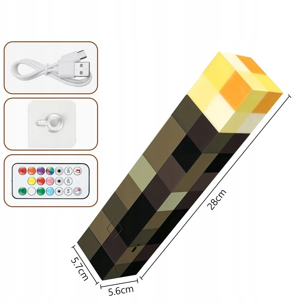 Bedee MINECRAFT žibintuvėlis STALO ARBA SIENINĖS + RGB nuotolinio valdymo pultas + KABLIS