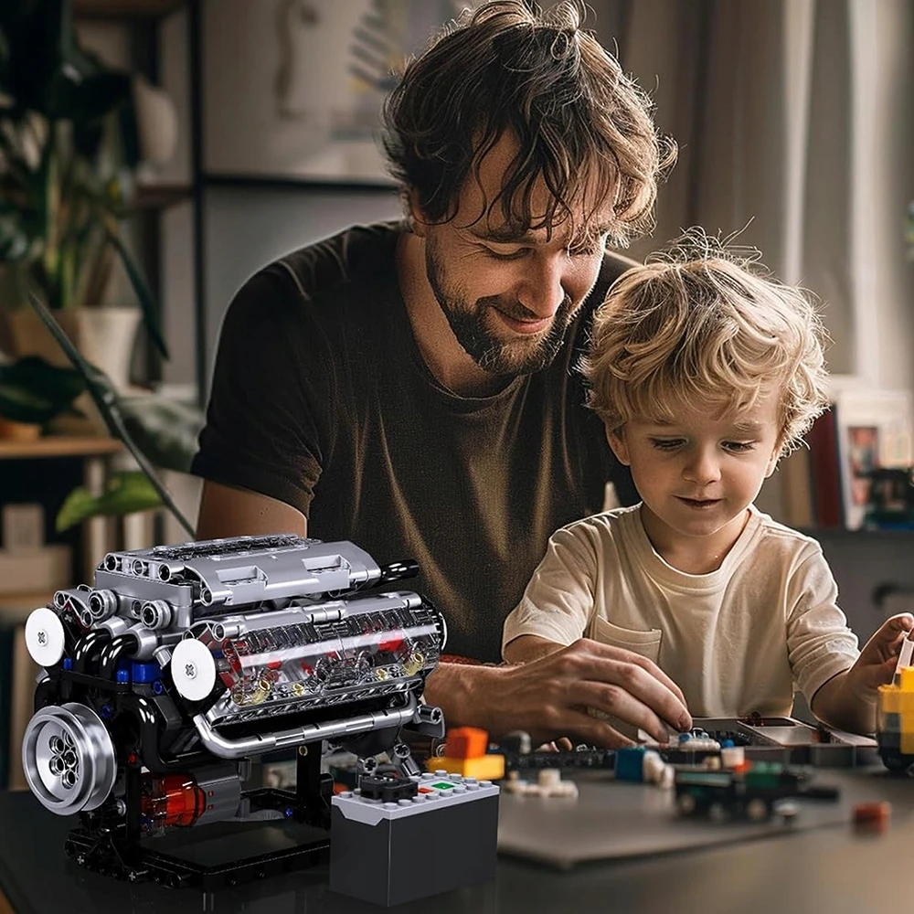 Bedee V8 vidaus degimo variklio statybinių blokų rinkinys su rankomis surinktu modeliu su šviesa